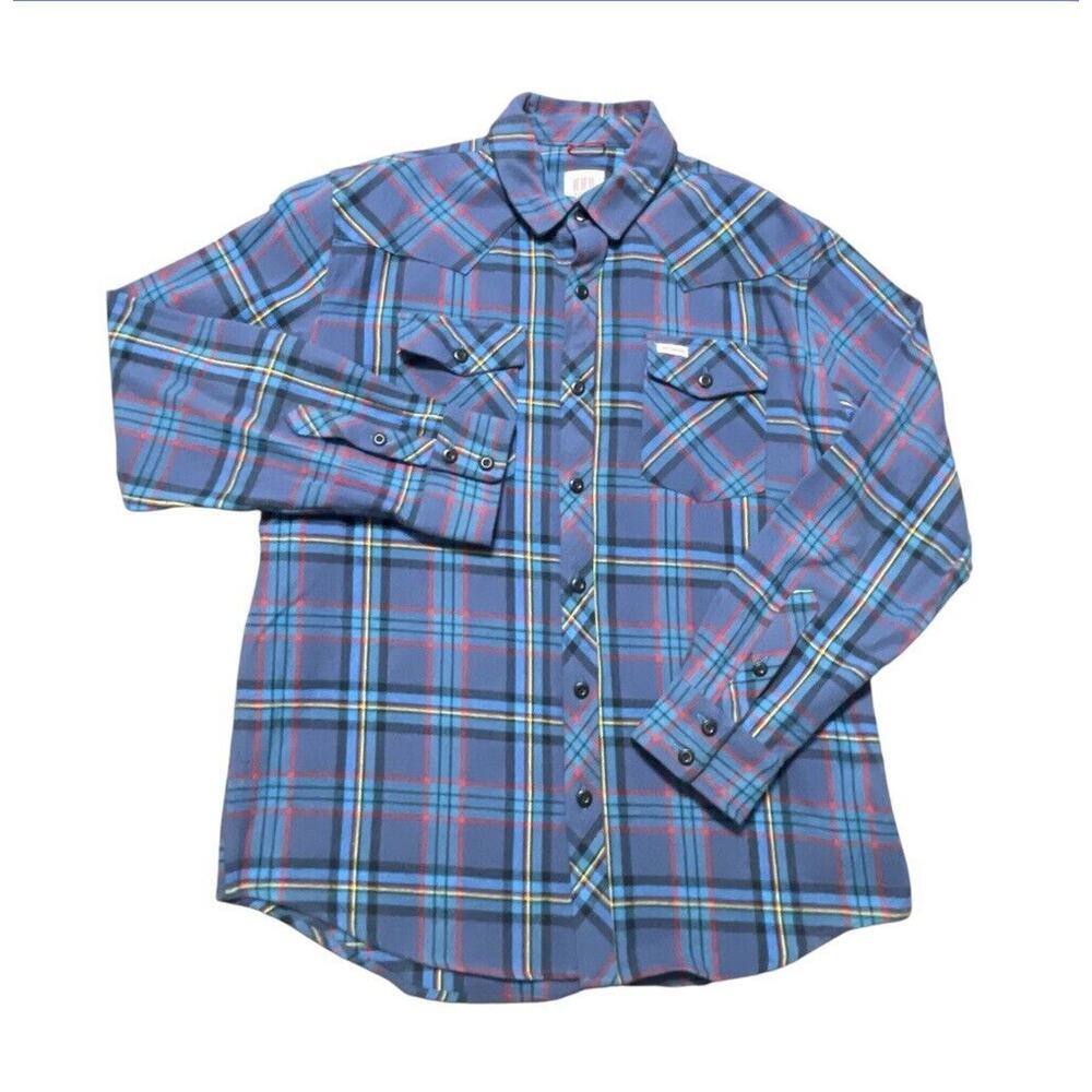 Topo Designs Flannel Shirt Mens XL Blue Plaid Organic Cotton Button Discontinued